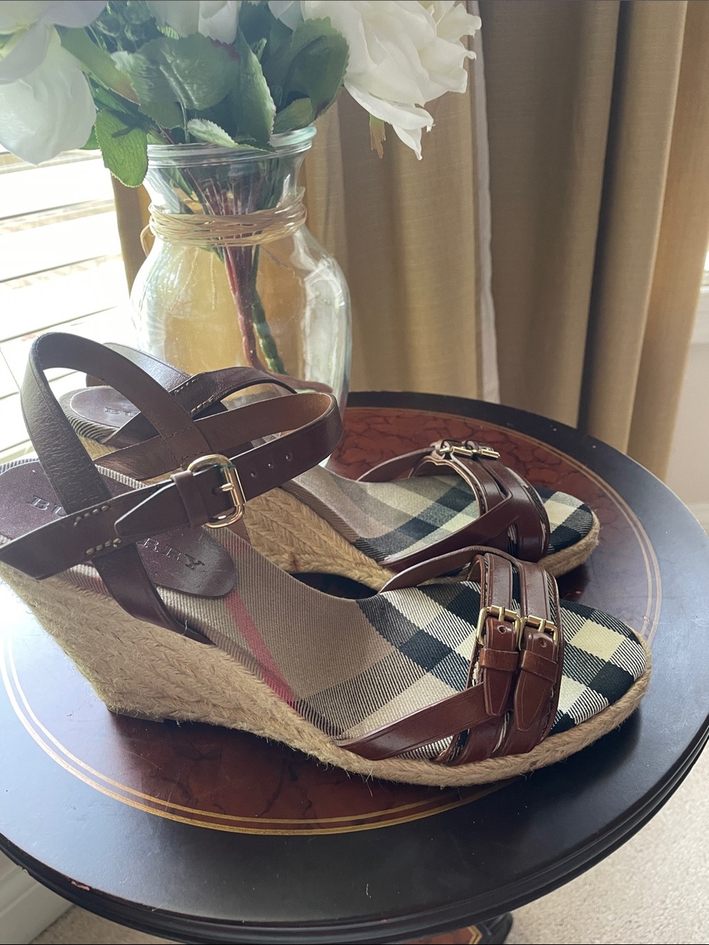 Burberry Brown Leather & Beige Check Espadrille Wedge Sandals - Picture 4 of 16